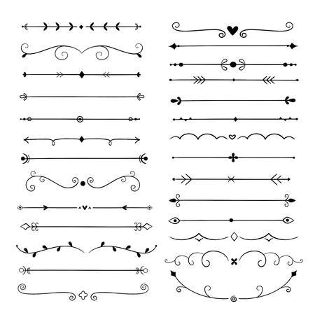 Hand drawn dividers. Line design elements vintage borders. Calligraphic ornate decoration. Retro divider, separator vector set. Filigree calligraphy decorative, decoration vintage illustrationのイラスト素材