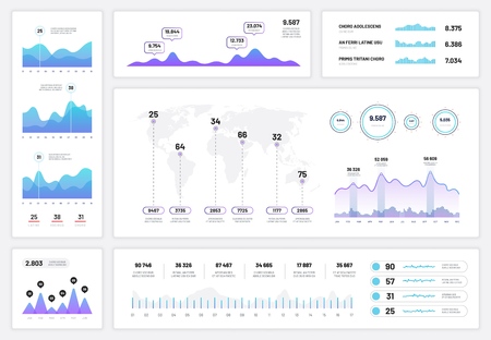 Infographic dashboard. Ux ui interface, information panel with finance graphs, pie chart and column diagrams. Progress vector report graph and diagram, planning infochart illustration