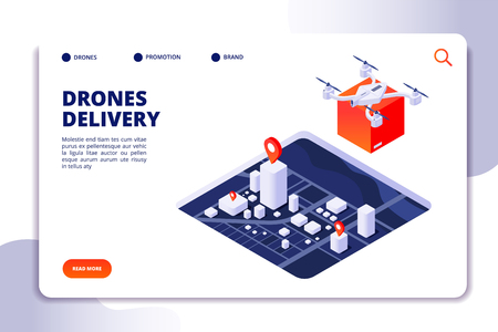 Drone logistics isometric concept. Future delivery technology, shipment with unmanned drones and quadcopter. Vector landing page transportation delivery, isometric drone service illustrationのイラスト素材