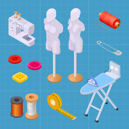 Sewing factory isometric set, sewing equipments vector collection. Isometric equipment, sewing machine illustrationのイラスト素材
