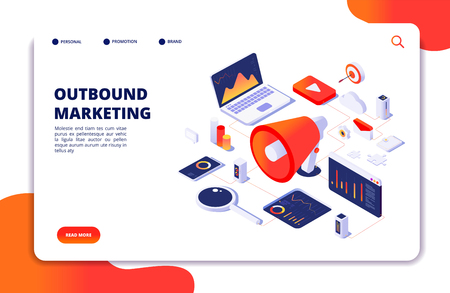 Outbound marketing. Seo pr roi crm online communication. Social media promotion landing vector webpage. Illustration of marketing optimization outboundのイラスト素材