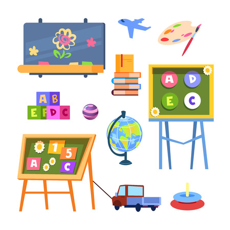 Kids toys and desks vector isolated on white background. Illustration of kids toy, child room with blackboardのイラスト素材