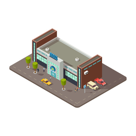 3D mall or shopping center with people, taxi and parking with cars vector illustration. Mall 3d and business shop isometricのイラスト素材
