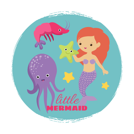 Cute cartoon little mermaid card vector template. Girl princess mythology swimming underwater illustrationのイラスト素材