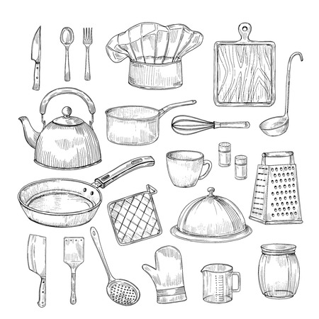 Hand drawn cooking tools. Kitchen equipment kitchenware utensils vintage sketch vector collection. Illustration of kitchenware equipment, spoon and bowlのイラスト素材