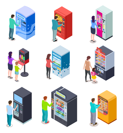 Isometric vending machine and people. Customers buy snacks, soda drinks and tickets in vending machines. 3d vector icons. Illustration of vending machine for selling beverage and foodのイラスト素材