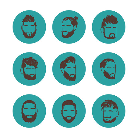 Handsome bearded hipster man faces with mustache and modern male hairstyle vector icons set. Hairstyle male handsome, icon hipster portrait illustrationのイラスト素材