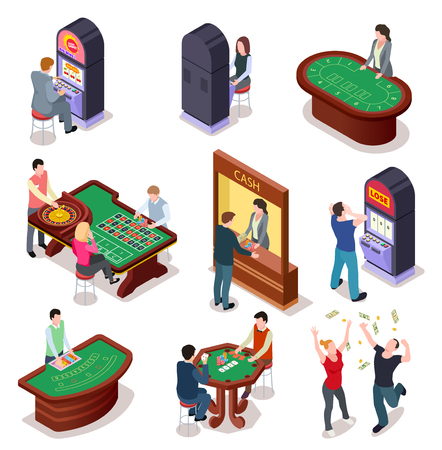 Casino isometric. Poker roulette table, slot machines in playing room. Nightclub entertainment casino gambling 3d vector set. Gambling casino 3d table illustration, roulette and pokerのイラスト素材