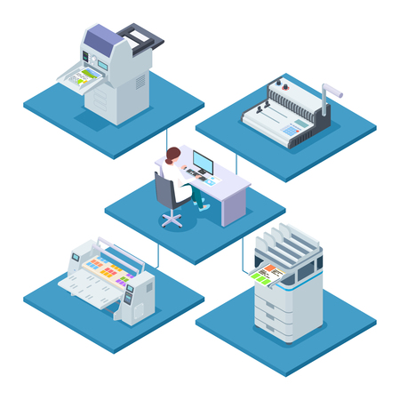 Printing house with woman opertator isometric vector concept. Woman control processing printer and multifunction electronic printshop illustrationのイラスト素材