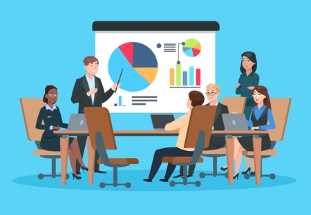 Business meeting. Flat people on presentation conference. Businessman at project strategy infographic. Team seminar vector concept. Illustration of conference seminar, businessman presentationのイラスト素材