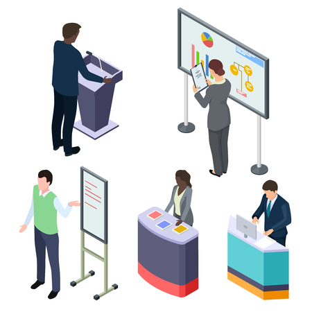 International isometric businesspeople or training lecturers or promoters vector. Illustration of promoter businessman, training and communication meetingのイラスト素材