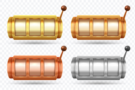 Slot machines. Golden, silver and bronze jackpot spinning machine. Casino game gamble vector set. Illustration of gambling game, spin gaming deviceのイラスト素材
