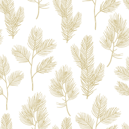 Hand drawn golden fir branches seamless pattern background on white backdrop illustrationのイラスト素材