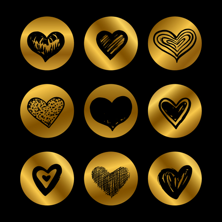 Gold icons with hand drawn black hearts vector set isolated on black illustrationのイラスト素材