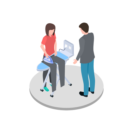 Housewife ironing her husband pants isometric vector concept isolated on white illustrationのイラスト素材