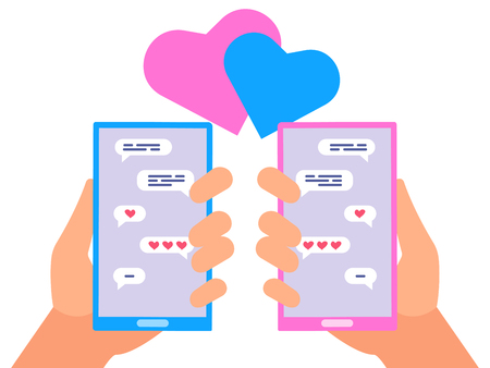 Online chating between people in love vector concept. Chatting with smartphone illustrationのイラスト素材