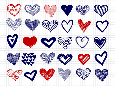 Ballpoint pen drawing doodle hearts vector big collection. Scribble sketch heart of set illustrationのイラスト素材