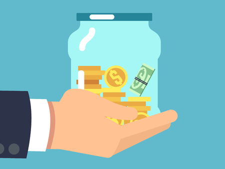 Jar with money in hand. Saving money flat vector concept. Illustration of money in glass jarのイラスト素材