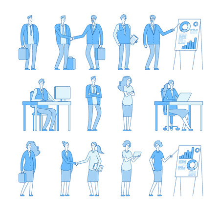 Business line people characters. Business man woman in corporate office, professional people vector set. Illustration of professional corporate officeのイラスト素材