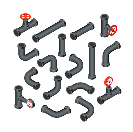 Isometric pipes. Water tubes, pipeline with valve. Oil, gas industry tube construction. Plastic plumbing system 3d vector isolated set. Illustration of pipeline plumbing plasticのイラスト素材
