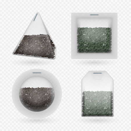 Vector tea bags with black and green brewing tea isolated on transparent background. Set of teabag form for teatime, organic refreshment beverage illustrationのイラスト素材