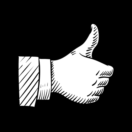 Hand drawn thumbs up vector element isolated on black. Illustration of hand finger thumb up, social yes approveのイラスト素材