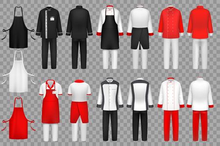 Culinary clothing. Chef uniform, kitchen textile clothes vector isolated set. Cloth for waiter apron clothing, fashion outfit uniform for kitchen illustrationのイラスト素材