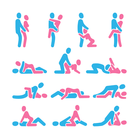 Sexual position vector icons. Sex positioning between man and woman couple pictograms, kamasutra vector set. Illustration of man and woman sex pose collectionのイラスト素材