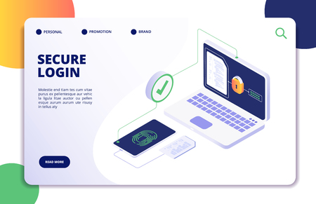 Authentication isometric concept. Password, login authorization fingerprint access. Data safe and protection landing vector page. Illustration of login verification approvement, authorizeのイラスト素材