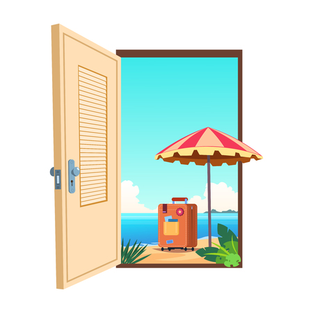 Welcome to the beach cartoon vector template. Illustration of doorway to sea beach, paradise travelのイラスト素材