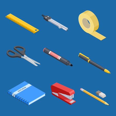 Isometric stationery and office tools vector elements. Illustration of office tool, stationery equipmentのイラスト素材