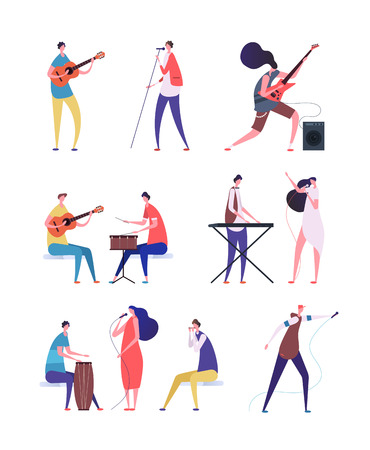 Musicians set. People performing rock music. Artist with musical instruments and singers. Vector cartoon characters isolated. Illustration of musician instrument, performance band peopleのイラスト素材