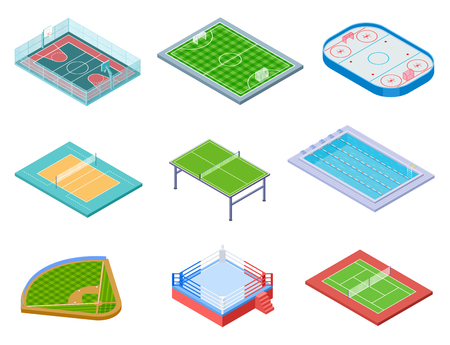 Sport fields isometric. Sports playgrounds handball soccer water area baseball volleyball tennis hockey 3d vector set isolated. Illustration of hockey and soccer, tennis and basketball fieldのイラスト素材