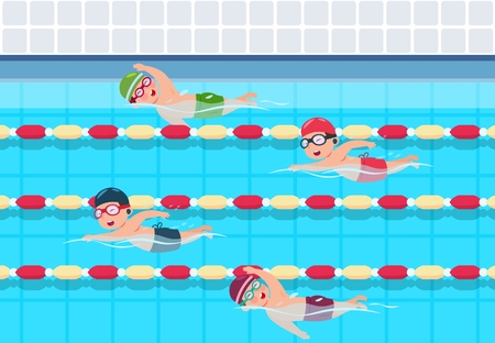 Kids swim. Childrens swimming competition in pool. Sports athletics children vector illustration. Activity sport for child in poolのイラスト素材