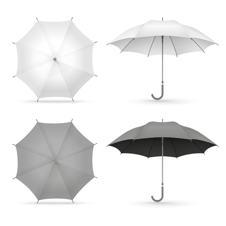 White and black realistic umbrellas isolated on white background. Illustration of umbrella protection, realistic accessory for safety waterのイラスト素材