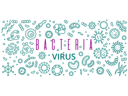 Line bacteries, viruses vector banner poster design. Bacterial and bacterium infection organism illustrationのイラスト素材