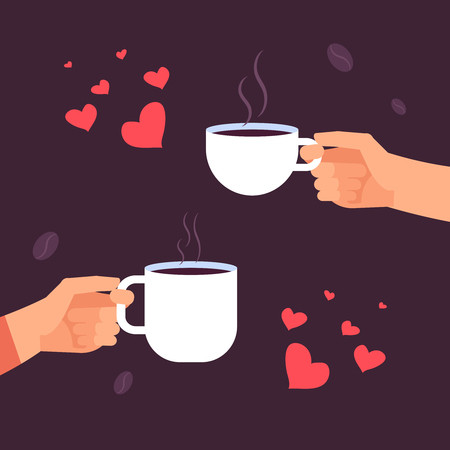 Coffee lovers vector concept, hands with coffee cups and hearts. Illustration of coffee drink in hands coupleのイラスト素材