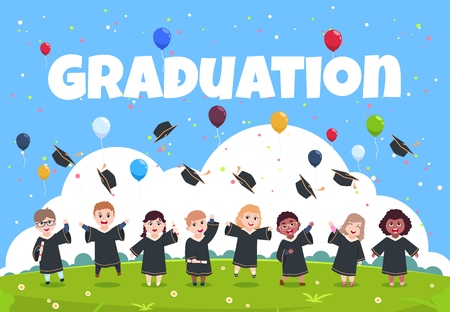 Graduate kids background. Children wearing in academic clothes celebrating graduation day vector illustration. Education and graduation, academic ceremonyのイラスト素材