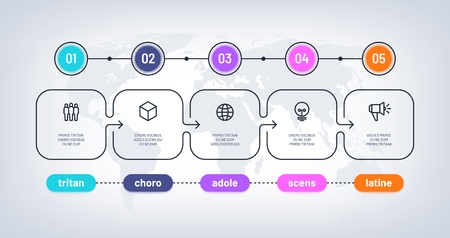 Business flowchart. Timeline with milestone steps pesentation history chart. Infographic optional vector diagram on world map. Illustration of infographic process step, timeline diagramのイラスト素材