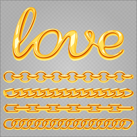Realistic gold jewelry chain and love sign isolated on transparent background. Vector gold chain, golden metal luxury illustration Realistic gold jewelry chain and love sign isolated on transparent background. Vector gold chain, golden metal luxury illustration