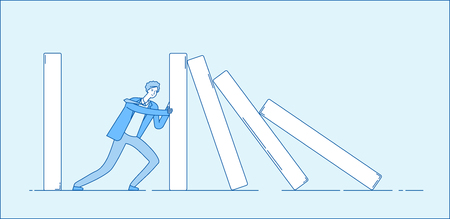 Domino effect. Businessman holding falling domino. Determination resistance pushing chain reaction hard work business vector concept. Businessman with domino reaction, hard deck illustrationのイラスト素材