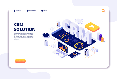 Crm concept. Customer relationship management. Business system solution. Client support landing page. Crm business marketing, management and strategy illustrationのイラスト素材