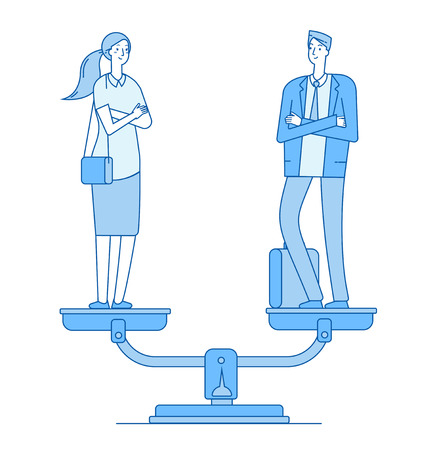 Gender equality. Man and woman on scale in balance. Women rights gender equal employment feminism vector line business vector concept. Balance gender female and male in blue illustrationのイラスト素材