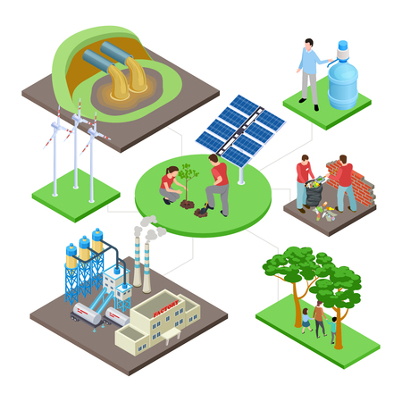 Ecology isometric concept with green technologies, nature revival, water and air pollution vector illustration. Eco energy and ecology, wind power and environmentのイラスト素材