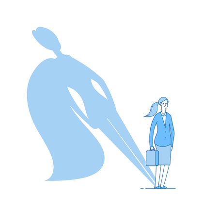 Woman superhero shadow. Successful powerful strong businesswoman ambition leadership hero challenge career growth motivation vector. Illustration of businesswoman in blue style, leader woman strongのイラスト素材
