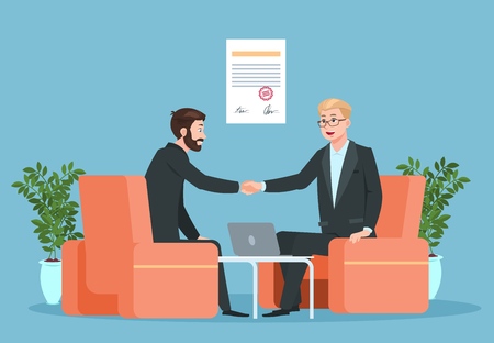 Business contract. Partnership, businessmen handshaking after signing agreement. Purchase deal investment consultant vector concept. Illustration of partnership handshake and agreementのイラスト素材