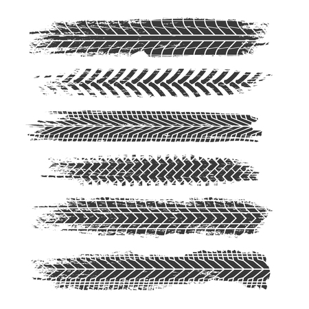 Tire tracks. Motorcycle, car and truck dirty grunge road tire prints. Tread automobile vector isolated set. Illustration of rubber dirt truck, trace and track from illustration