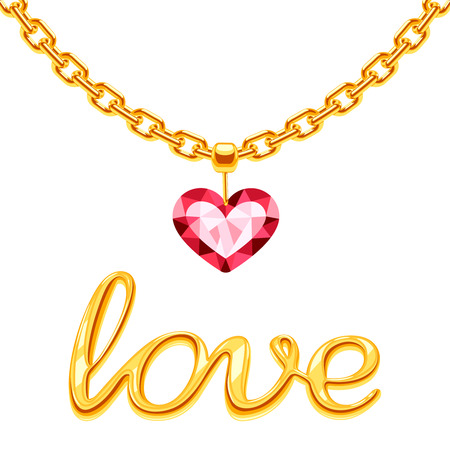 Golden chain with crystall pink heart and gold sign love vector isolated on white background. Illustration of golden chain and red crystal loveのイラスト素材