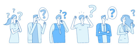 Businessmen searching solution. People hysteria problem panic emotional stress. Persons think with question marks vector concept. Illustration of business solution, businessman stressのイラスト素材