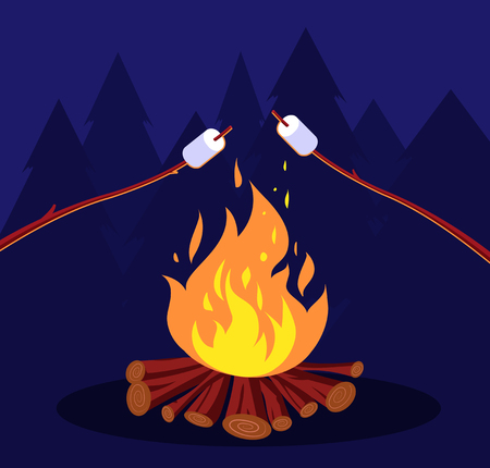 Bonfire and marshmallow. Friends in night camping at campfire. Marshmallow vector concept. Illustration of bonfire and marshmallow roastingのイラスト素材